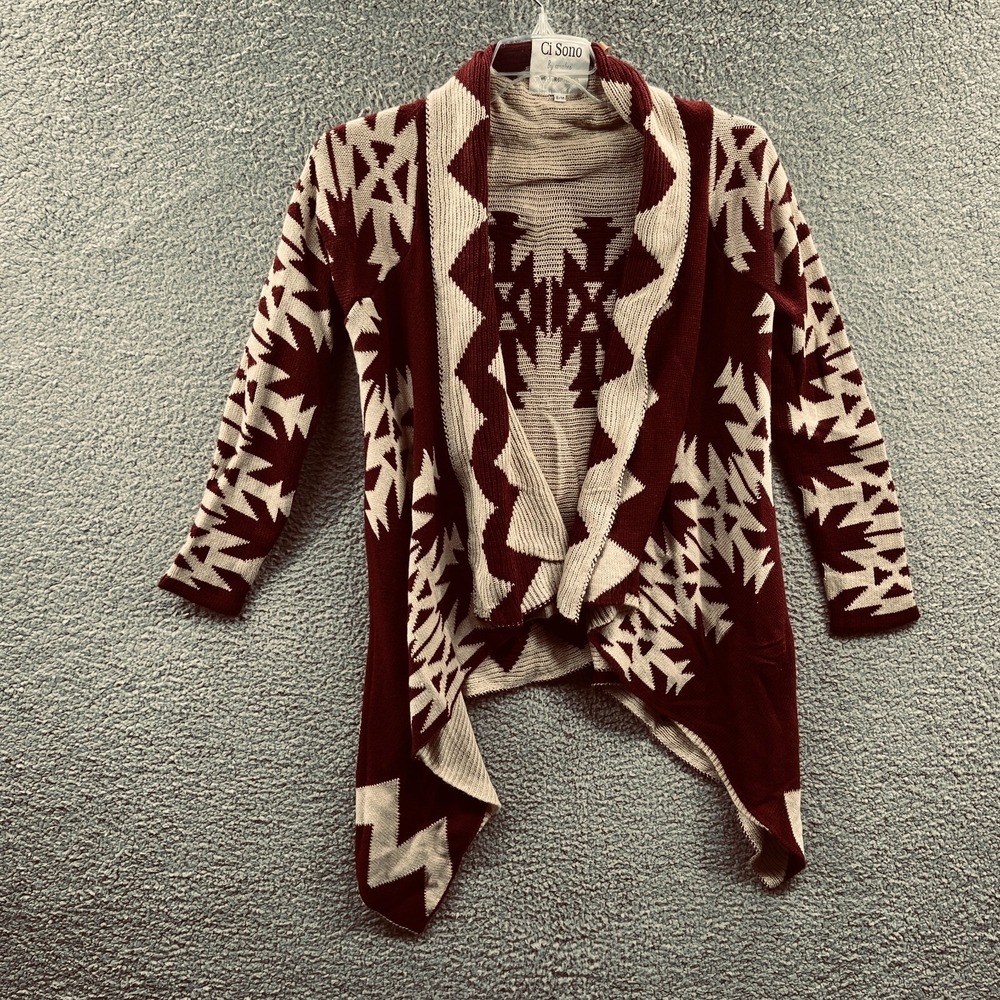 Womens Cardigan S‎ M Burgundy Aztec Knit Open Front Waterfall Hem Boho Southwest